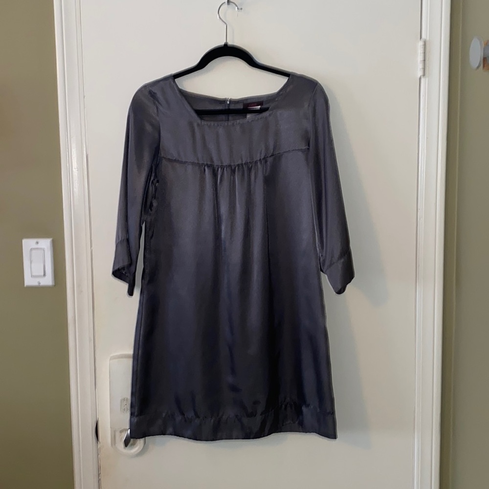 Silver metallic mini dress with 3/4 sleeves by mark.  Medium. 100% polyester